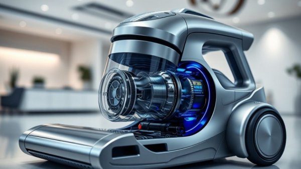 Futuristic Dyson PencilWash vacuum displaying internal components in a sleek design.