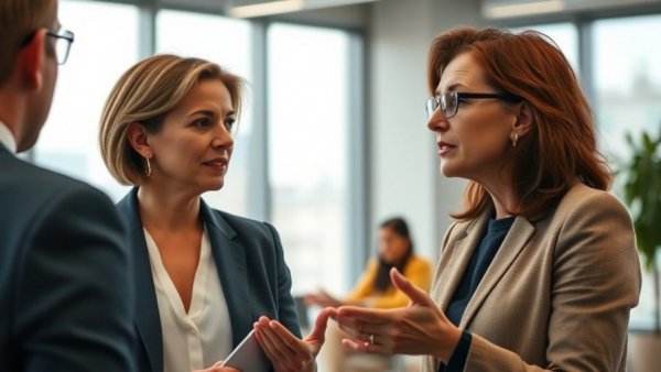 Mature professional woman discussing advice in an office setting.