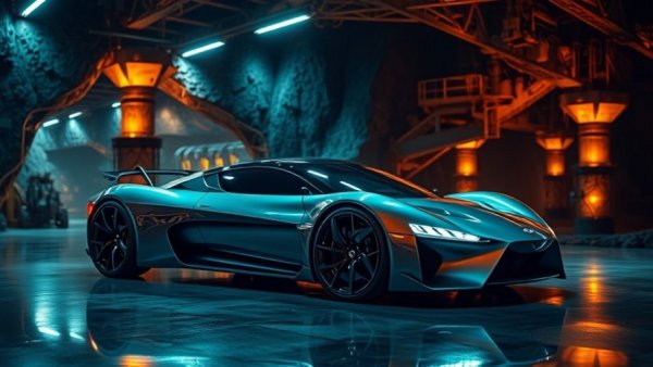 Futuristic car and underground mining, cinematic contrast.