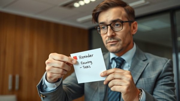 Professional discussing tasks with reminder note in office setting.