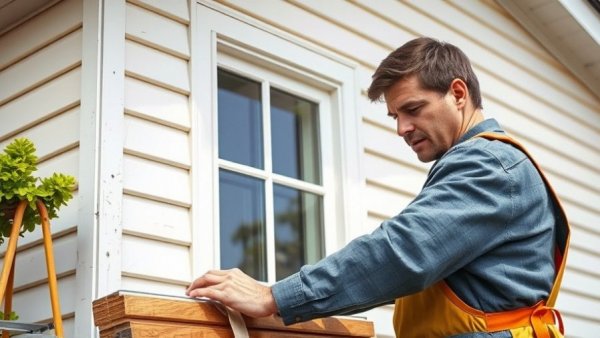 Man installing eco-friendly insulation on house exterior, natural setting.