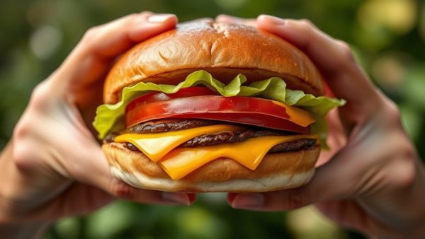 Close-up of a cheeseburger held outdoors at a burger joint.
