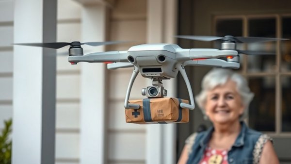 Drone delivering medical supplies to woman, illustrating drones become lifesavers.