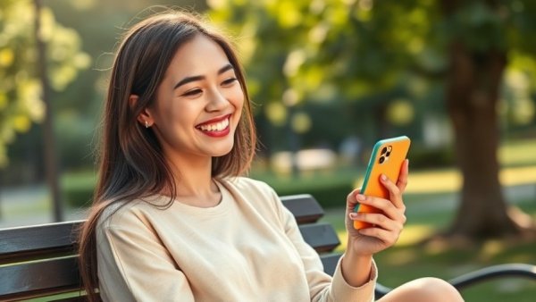 Eco-InnovaTech young woman smiling with colorful flip phone in park.
