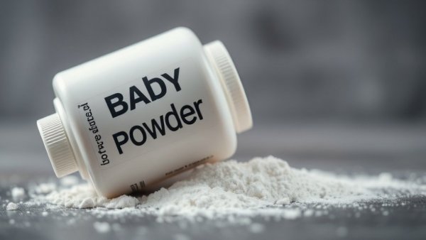 Risks of a strong brand halo: baby powder close-up with scattered powder.