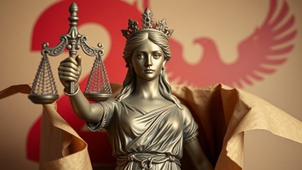 Lady Justice in package with red two and eagle, symbolizing legal context.
