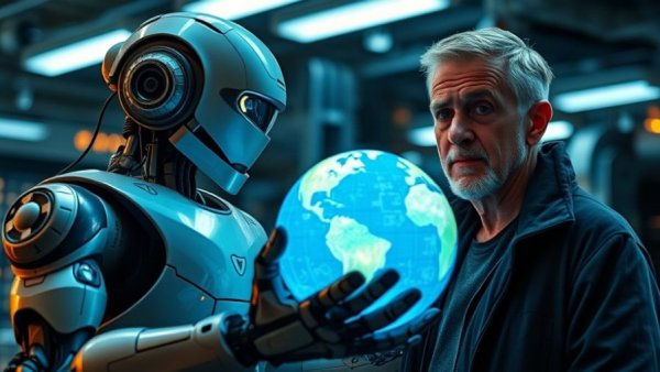 AI creating billionaires theme with futuristic robot and globe