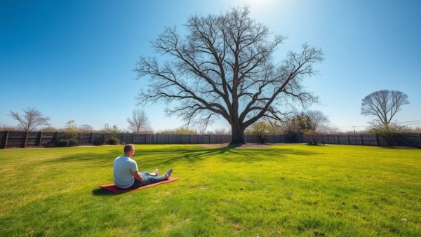 Serene backyard with person, highlighting natural scene and vibrant grass.