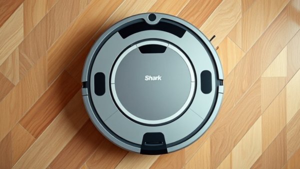 Shark robot vacuum on hardwood floor with UV light technology.