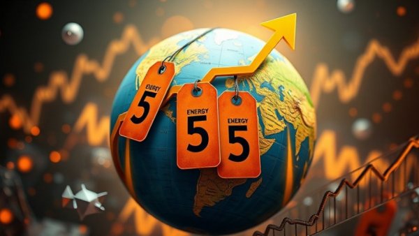 Global energy prices illustration with price tags and arrow.