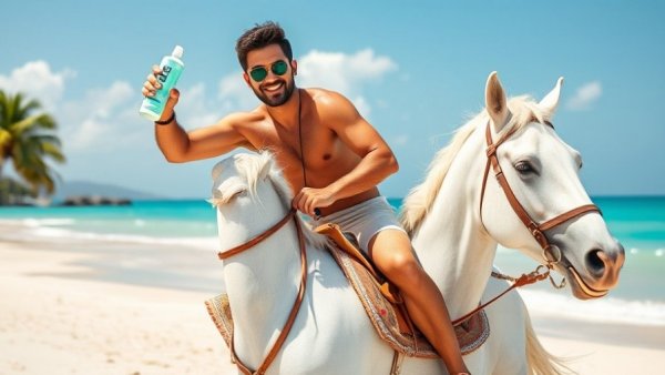 Humorous advertising scene: confident man on horse at beach with body wash.
