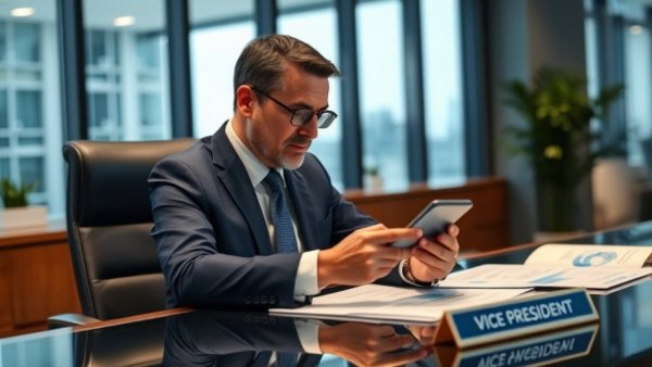 Business executive with Vice President nameplate in office, Tennant Company.