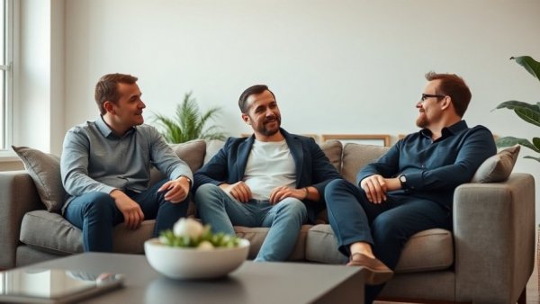 Three men discussing 7-day kitchen remodel guarantee in a casual setting.