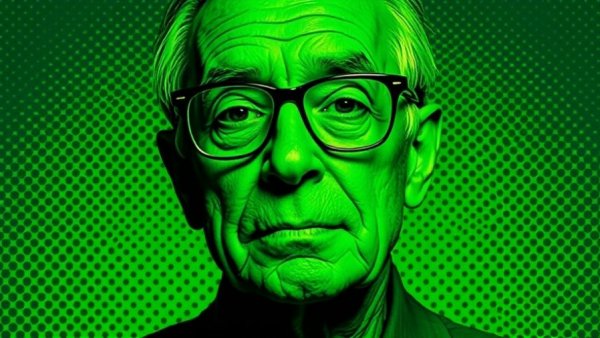 Monochrome green portrait of an older man with glasses, pop art style.
