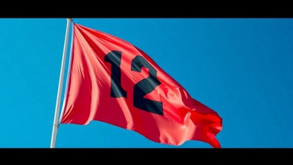 Large number 12 flag waving under blue sky, highlighting brand culture.