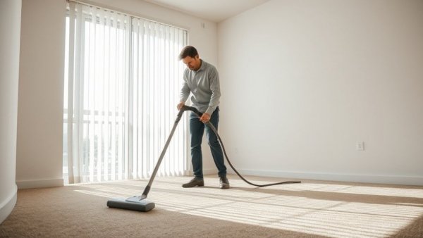Person cleaning carpet in a minimally furnished room with bright natural light.