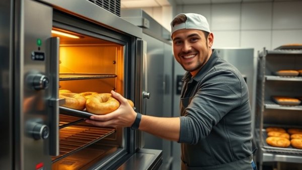 Enthusiastic baker with fresh bagels in a pizza bagel business setting.
