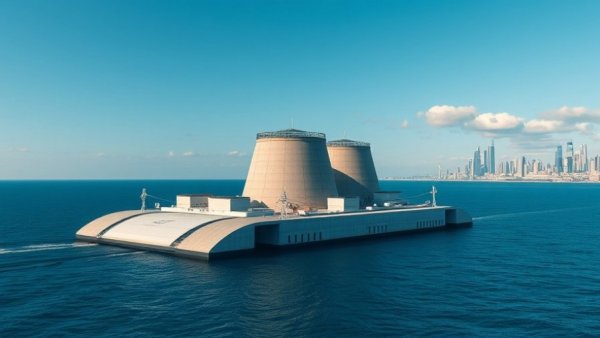 Futuristic floating nuclear power plant on tranquil sea