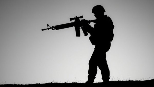 Silhouette of soldier holding rifle with detailed contrast in monochrome.