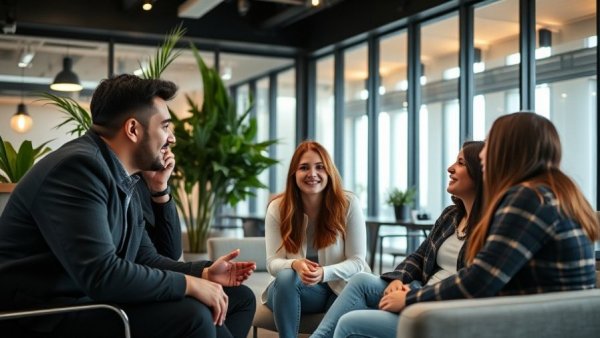 Casual group discussion in modern office for 60 Day Hustle Udemy Courses.