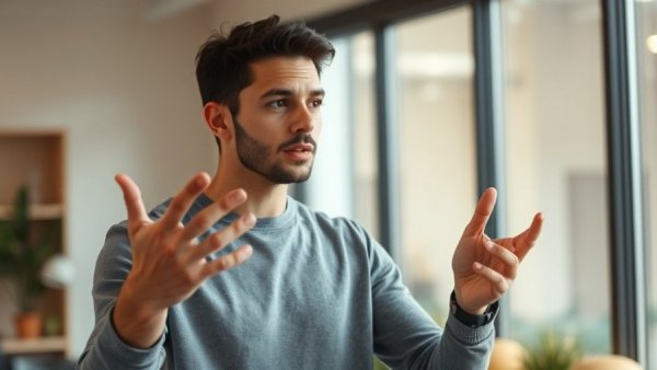 Young man explaining to transform your career earnings, soft lighting.