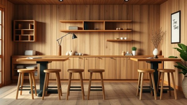 Warm and inviting dining area with stools and minimal decor.