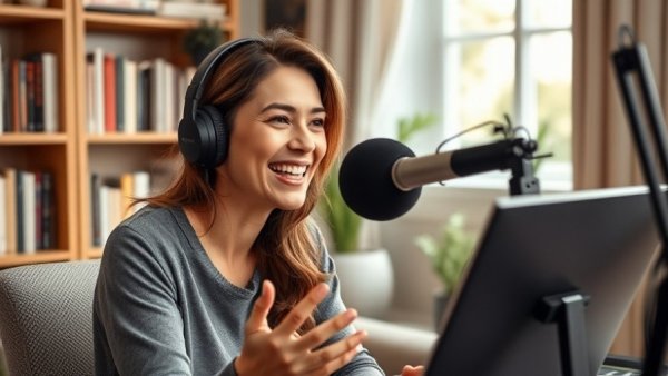 Smiling woman in a home studio recording a podcast, overcoming March slump.