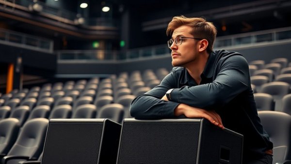 Person in black clothing leans on speakers, modern auditorium.