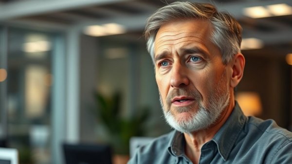 Middle-aged man discussing design strategies, office setting.