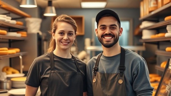 Two employees smiling inside a busy bagel shop kitchen.