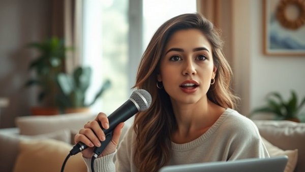 Engaged woman speaking in a cozy setting, discussing new class formats.