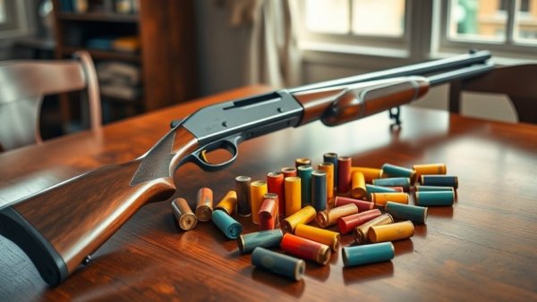 Shotguns and shells on display, symbolizing gun ownership in America.