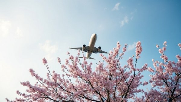 Airplane flying over cherry blossoms, spring travel mood