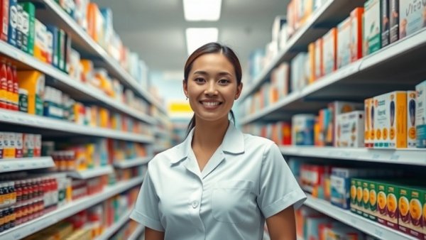 Pharmacist in Blooms The Chemist retail aisle, highlighting B Corp Certification.