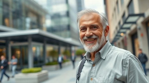60-Year-Old Fitness Journey: fit man smiling confidently in city.