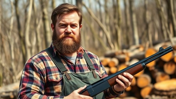 Man holding rifle in woods, plaid shirt, overalls, daytime.