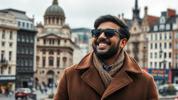 Indians moving to Ireland for work, smiling man in Dublin cityscape.