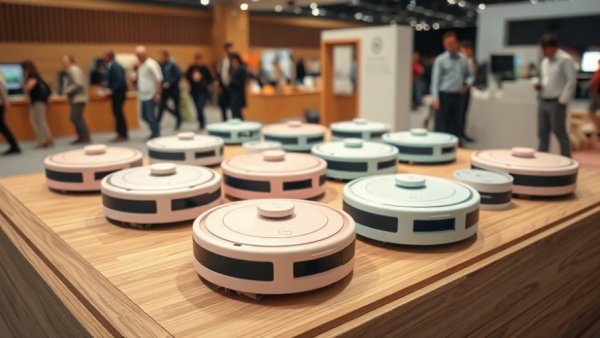 Colorful mini Roomba vacuums on display platform.