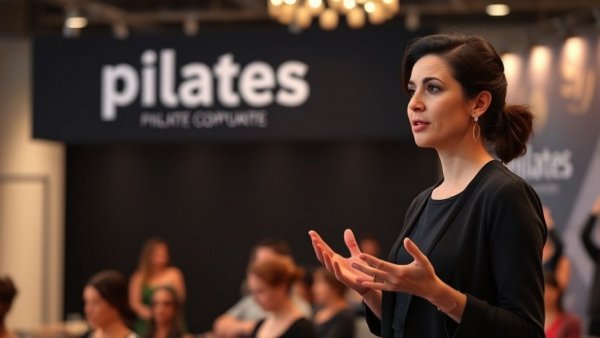Professional woman discussing at Pilates expo for studio building tips.
