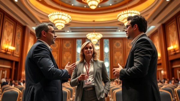 Three individuals discussing in a lively conference setting, Anna Taylor SHOT 2026.
