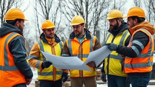 Potomac Interceptor Project Update: Engineers in high-visibility gear discussing plans outdoors.