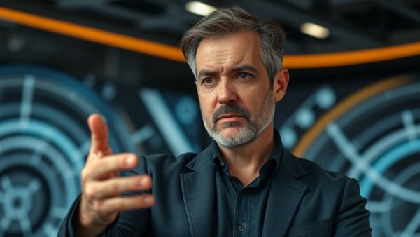 AI and Billionaires concept with a man discussing 2030 innovations.