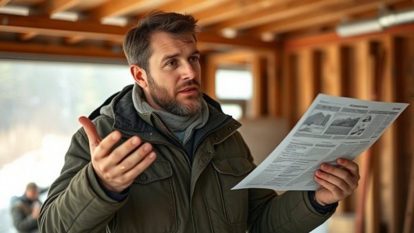 Man explains construction details in a cozy setting, wearing a warm jacket.