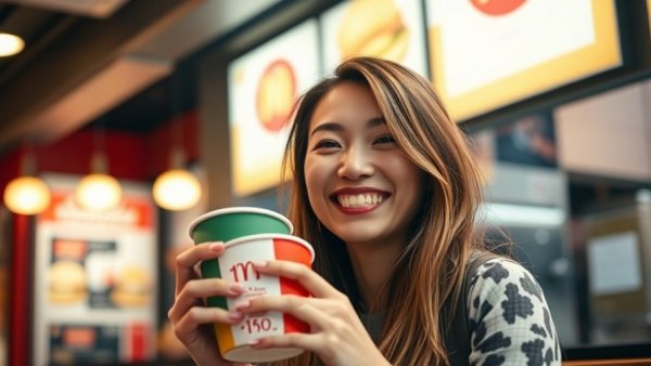 Young woman smiling with branded cup in urban setting, showcasing resurgence of brand loyalty.