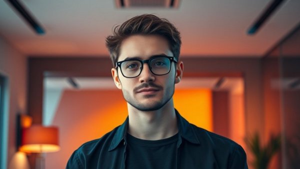 Professional young man embodying retro-innovation with glasses in modern setting.