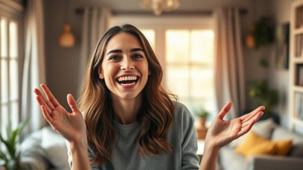 Cheerful young woman indoors discovering wild surprises.