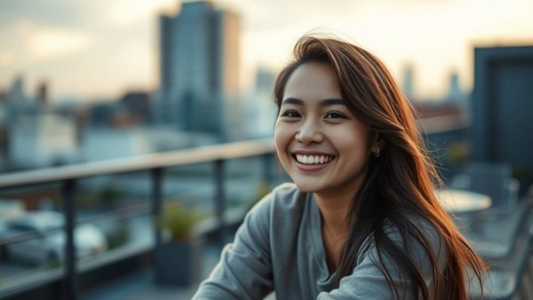 Young woman outdoors, warm smile, moving to the Middle East.
