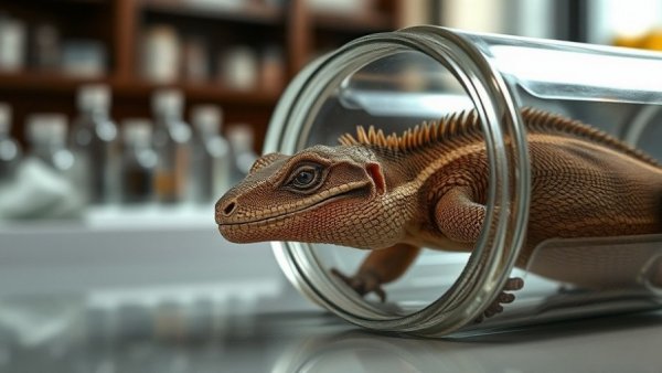 Preserved reptile specimen in a glass jar in laboratory setting.