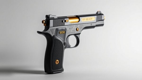 Detailed view of a black and gold handgun on white background.