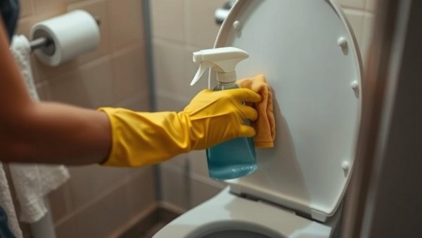 American cleaning beliefs and behaviors demonstrated in bathroom cleaning scene.